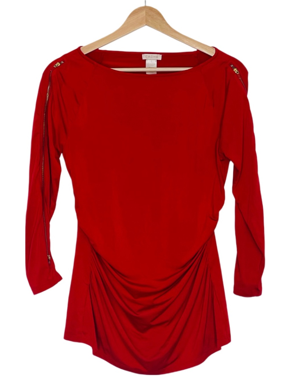 Cache Red Top Draped-Neck Jersey Knit Gold Tone Zipper Accents Small Vintage